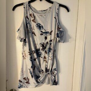 Floral Cold Shoulder Top - Blue and Brown